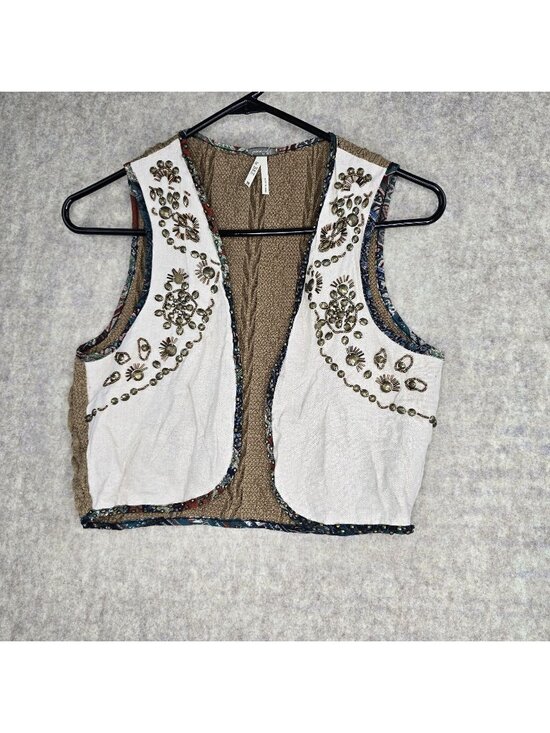 BKE Jackets & Blazers - BKE Womens Embellished Boho Vest Beige/Tan S Open Front Linen Blend Style